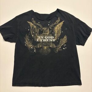 Kerusso T-Shirt Womens L Black In God I Trust Eagle Graphic Raw Neck Distressed